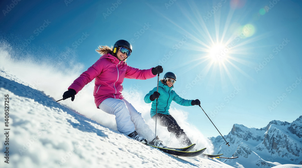 Two skiers on snowy mountain