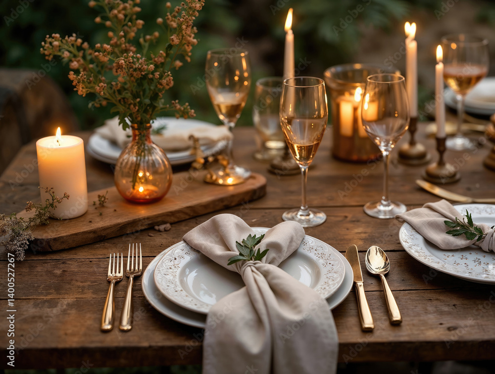 beautifully set outdoor table features a rustic wooden surface with elegant plates