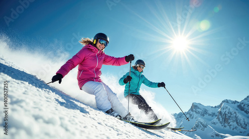 Two skiers on snowy mountain
