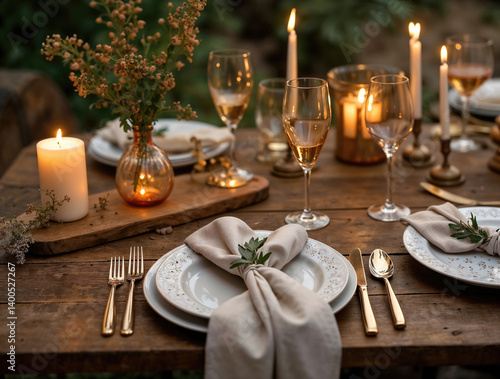 beautifully set outdoor table features a rustic wooden surface with elegant plates