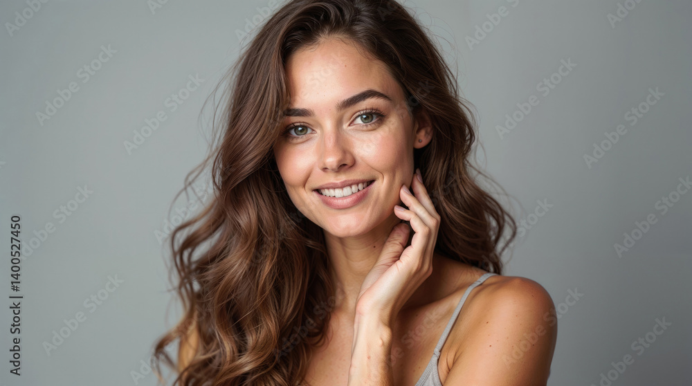 beautiful woman with long, wavy brown hair in studio