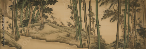 vector illustration of bamboo forest painting on old vintage silk paper	
