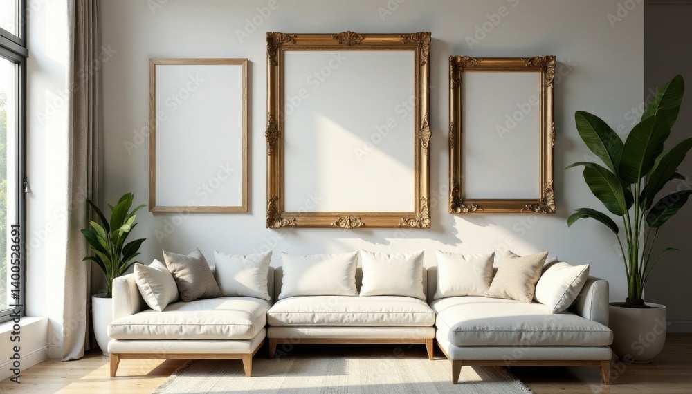 Empty ornate wooden frames on modern wall, luxury room setting, minimal, white Empty ornate wooden frames on modern wall, luxury room setting, minimal, white