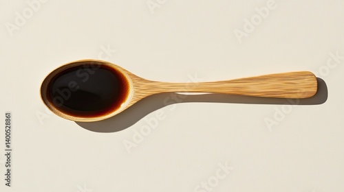 Overhead image of single wooden spoon with teriyaki sauce, isolated on light background with modern aesthetic