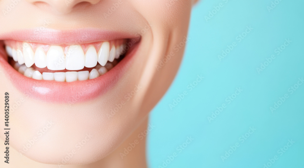 Fototapeta premium Close-up of perfect smiling woman's teeth and lips showing healthy gums and white teeth, promoting dental hygiene and oral health on a vibrant blue background with copy space