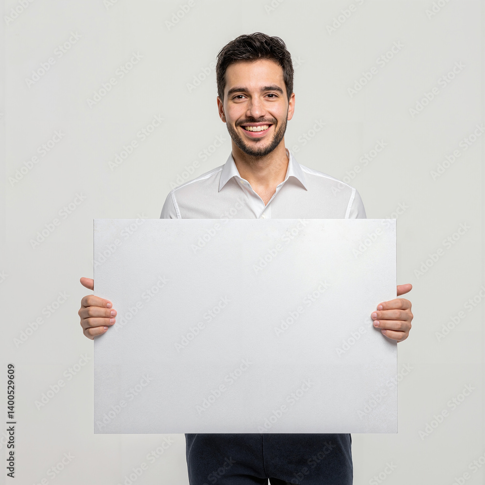 Man holding empty board for copy space, smiling, white background Man holding empty board for copy space, smiling, white background