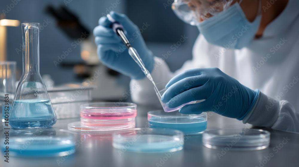 Fototapeta premium A scientist working with petri dishes and a pipette in a laboratory environment for research and study