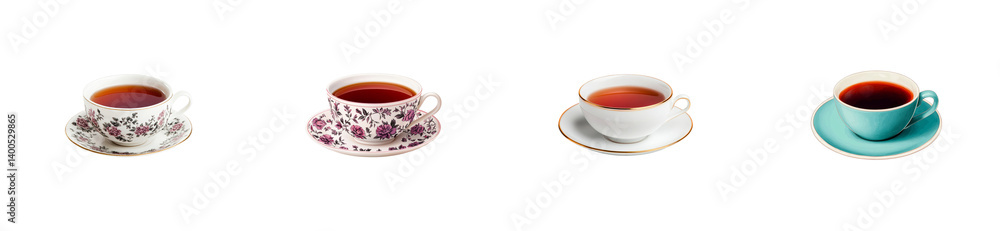 Different styles of teacups with hot tea on transparent background Different styles of teacups with hot tea on transparent background