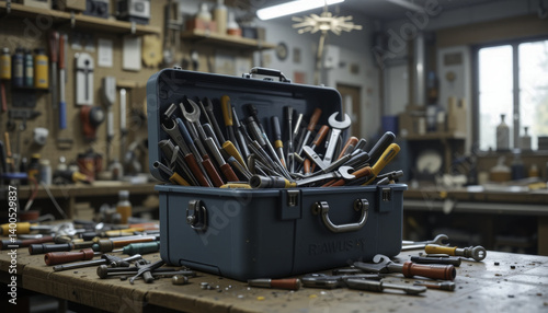 toolbox overflowing with various hand tools is placed on wooden workbench in cluttered workshop, surrounded by scattered tools and equipment, creating busy and industrious atmosphere