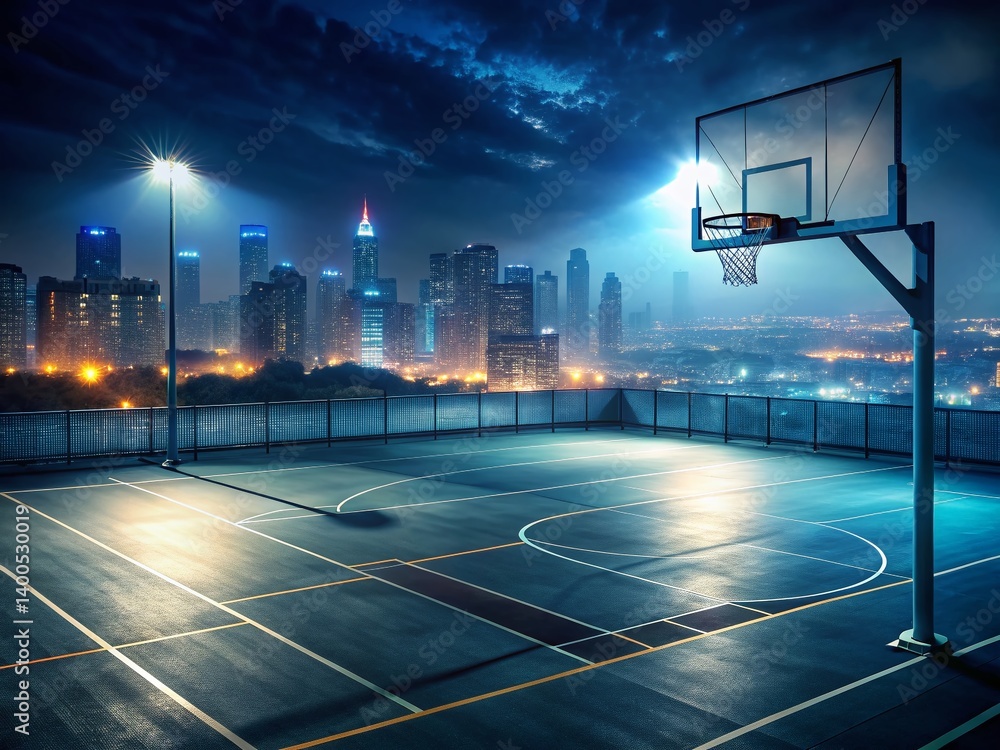 Elevated Night View of Basketball Court, Dramatic Lighting, Urban Sport