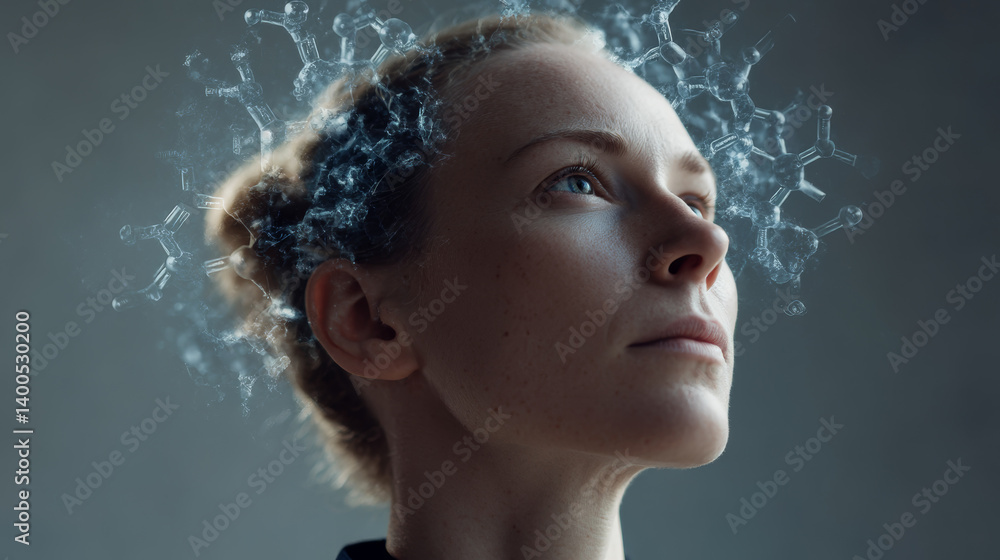 Woman's face with brain chemistry diagram, abstract representation of neural biochemistry and mental activity