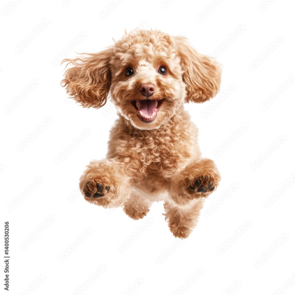 Energetic fluffy dog jumping with curly fur and bright expression captured in action
