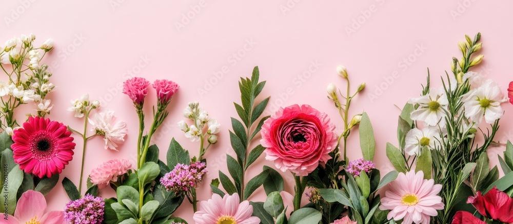 Delicate floral arrangement on pastel pink, creating a serene and feminine aesthetic Delicate floral arrangement on pastel pink, creating a serene and feminine aesthetic