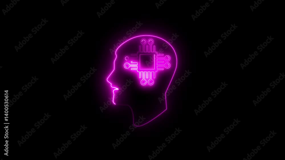 Animation of neon chip being placed in human brain on black background Animation of neon chip being placed in human brain on black background