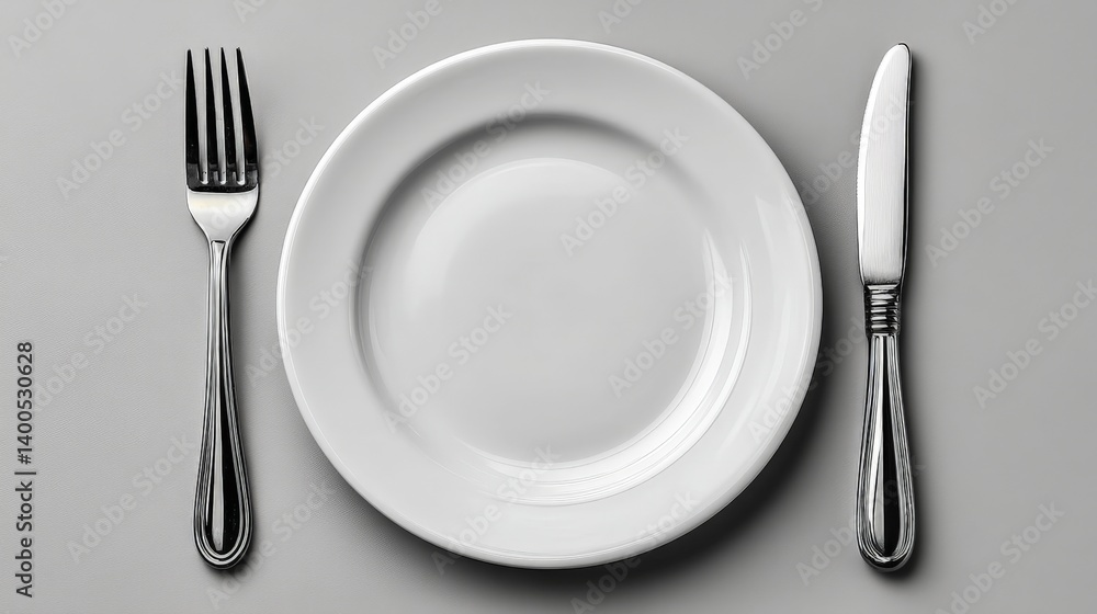 Minimal white porcelain plate with knife and fork set in formal arrangement on smooth gray surface for clean design showcasing etiquette and culinary aesthetics Minimal white porcelain plate with knife and fork set in formal arrangement on smooth gray surface for clean design showcasing etiquette and culinary aesthetics