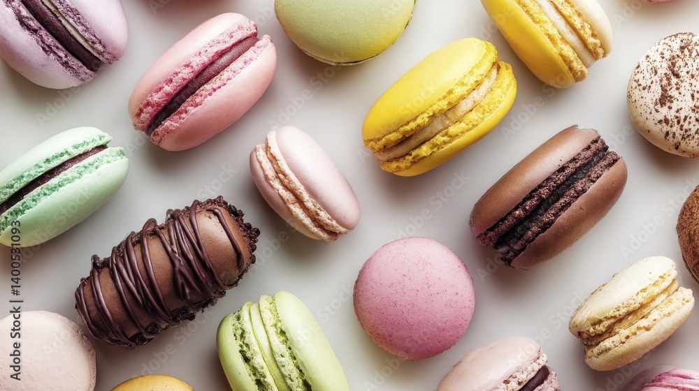 Multiple colorful macarons arranged artfully on a white background - isolated flat styling Multiple colorful macarons arranged artfully on a white background - isolated flat styling