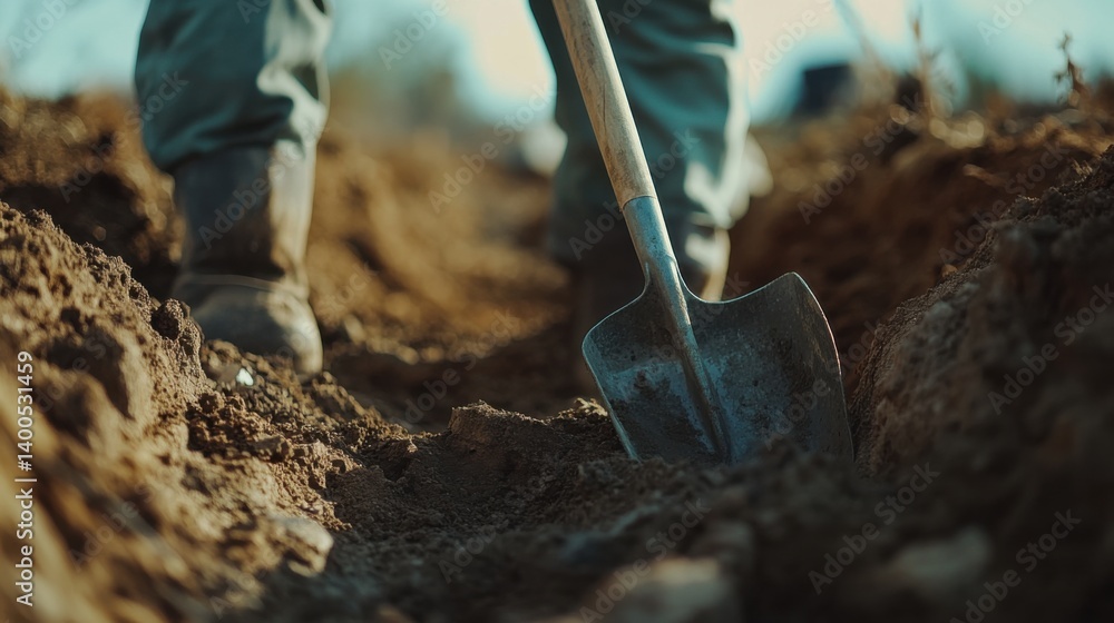 Fototapeta premium Construction worker digging a trench for plumbing pipes. Featuring hard work and focus