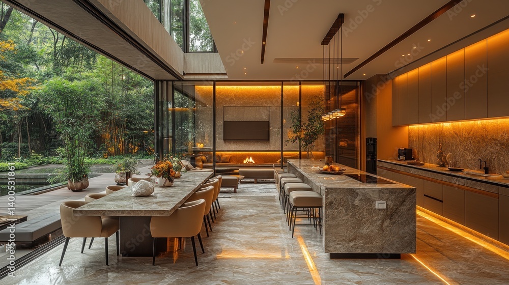 Fototapeta premium Luxurious Modern Home Interior Design with Garden View