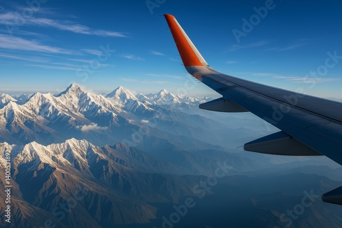 View of Snow-Capped Mountains From Airplane Wing During Flight Over Breathtak...