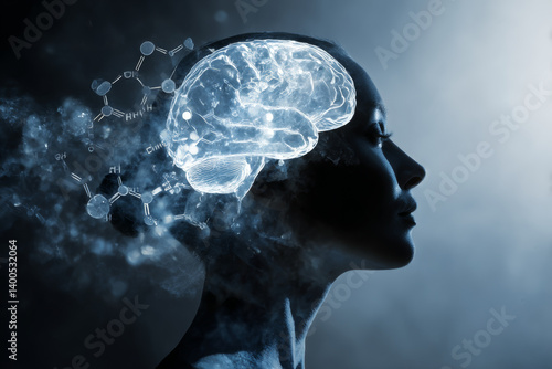 Obraz na płótnie Conceptual portrait showing woman's brain biochemistry with graphic elements of neural and chemical activity w salonie