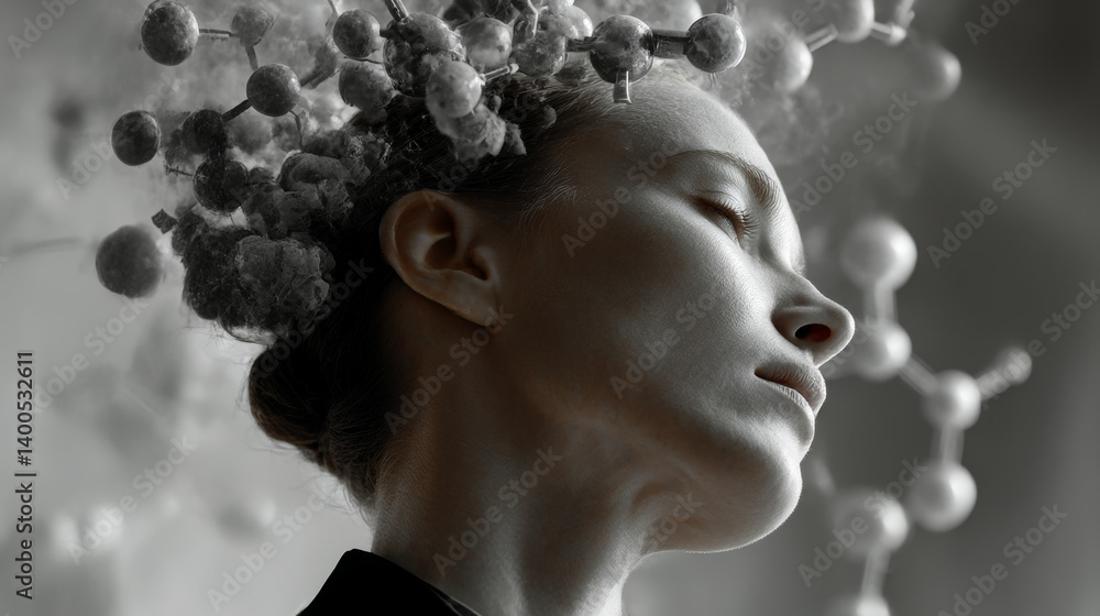 Brain biochemistry, a concept. Portrait of a woman in close-up, in the area of the head there is a graphic indicating the brain and chemical elements, brain activity and dependence on biochemistry.