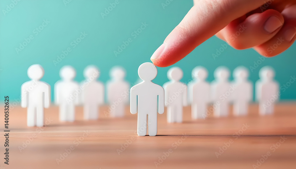 Recruitment Concept - Choosing the Right Candidate with Hand Pointing at White Figures on Wooden Surface, Ideal for HR, Staffing Agencies, and Career Development Themes Recruitment Concept - Choosing the Right Candidate with Hand Pointing at White Figures on Wooden Surface, Ideal for HR, Staffing Agencies, and Career Development Themes