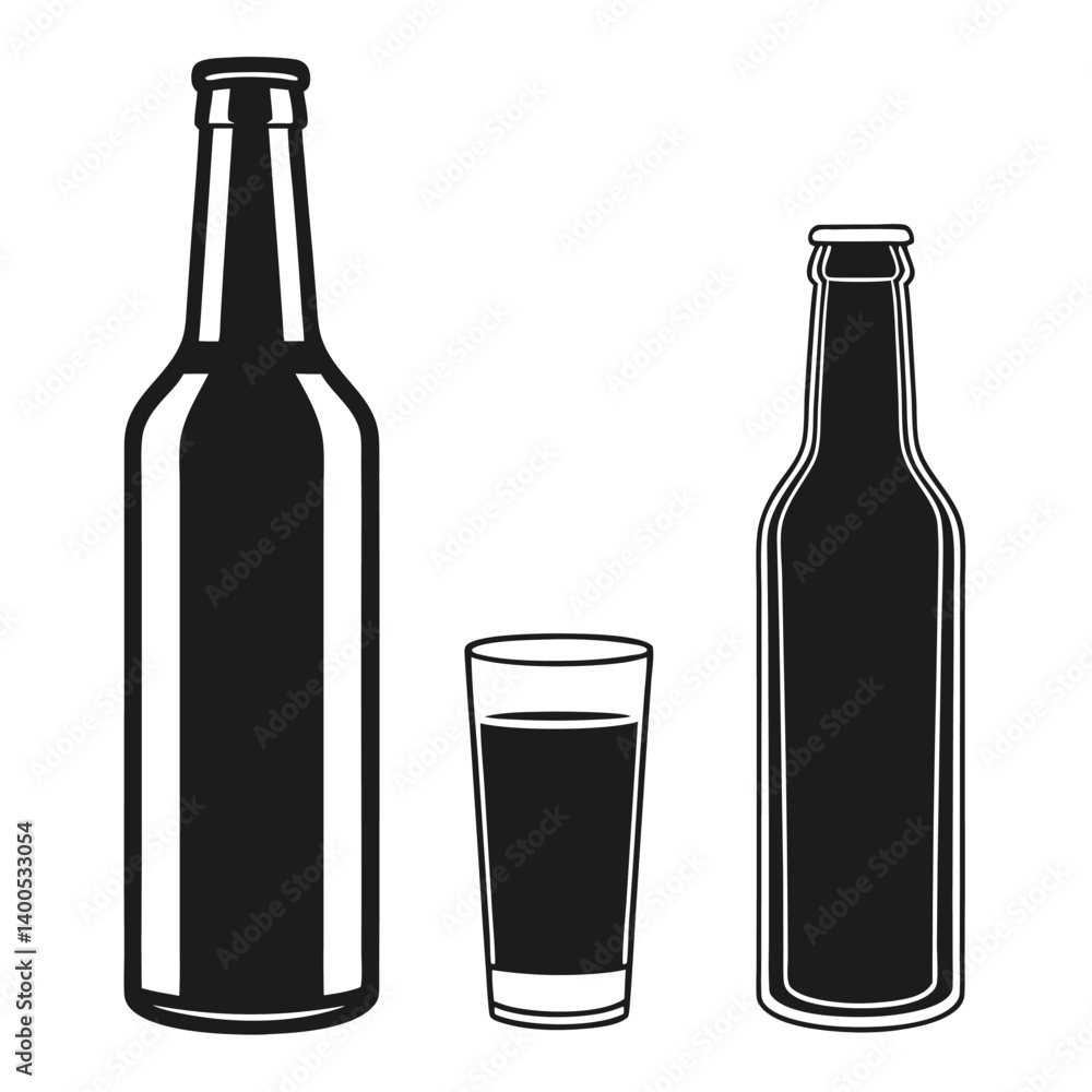 Modern Drink Silhouette Design Bottle and Glass Combo Modern Drink Silhouette Design Bottle and Glass Combo
