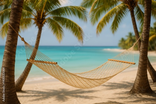 Relaxing Hammock Between Palm Trees on a Serene Beach by the Turquoise Sea