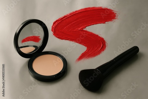 Makeup Products Arranged on a Gold Surface With Red Paint and Brushes for Bea...