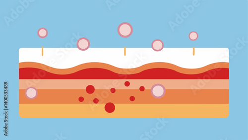 Layered Skin Structure A crosssection of skin layers showing nanoparticles traveling through the outer layer demonstrating the depth of tration.