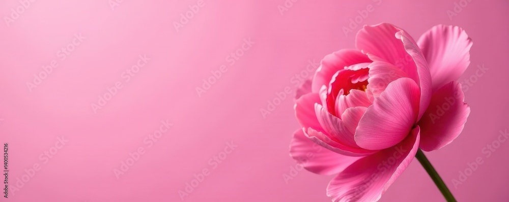 Fototapeta premium Close-up of velvety pink peony petals against a solid pink background, macro, spring