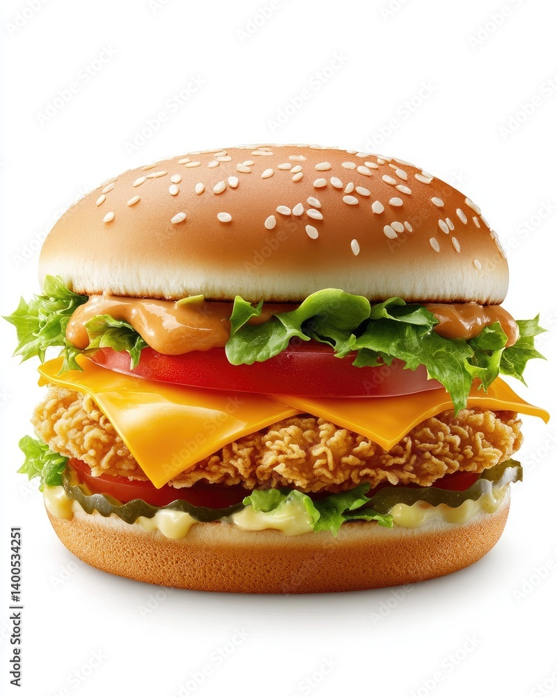 Delicious double-decker burger with crispy chicken and melted cheese Delicious double-decker burger with crispy chicken and melted cheese