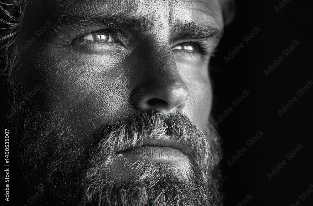 Obraz premium Bearded man with trendy hairstyle in black and white, stylish male portrait with dramatic lighting and centered composition