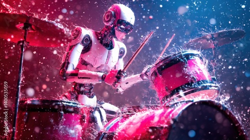 Robot Android Delivers an Electrifying Drum Performance With Dynamic Splashes at a Futuristic Rock Concert Generative AI