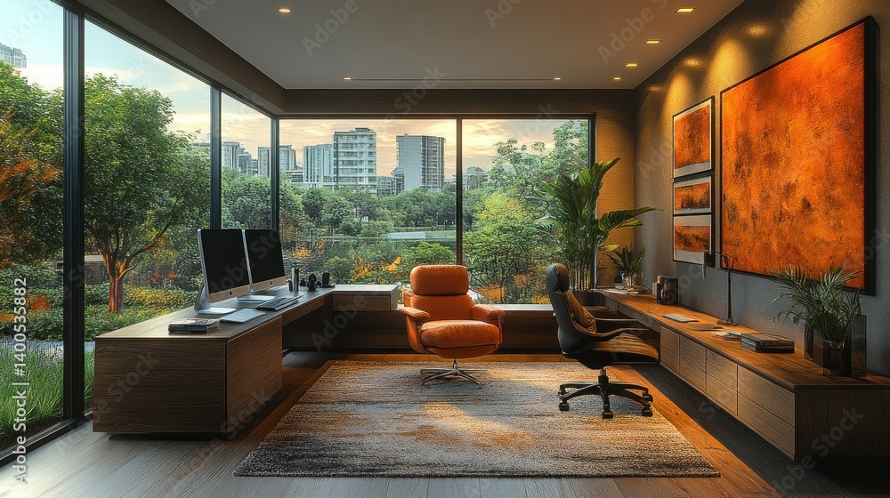 Fototapeta premium Serene Modern Home Office with Panoramic City Views