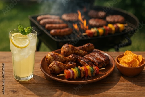 Grilling Meat and Vegetables With Refreshing Drink in Outdoor Setting During ...