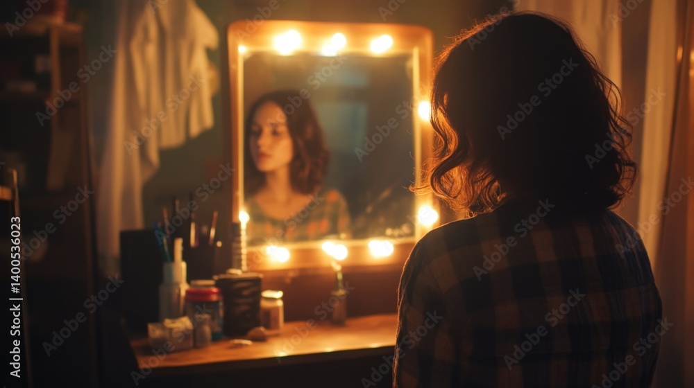 A person standing in front of a mirror, reflecting on their body image, with copy space. Gentle light.Quiet indoor background A person standing in front of a mirror, reflecting on their body image, with copy space. Gentle light.Quiet indoor background