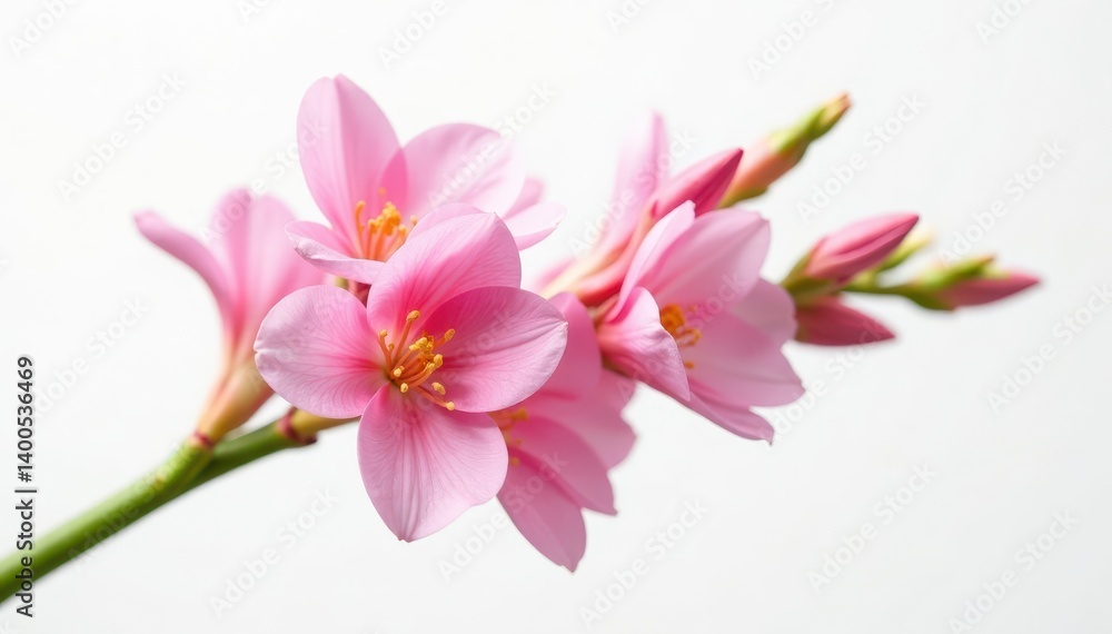 Close-up view of blooming freesia twigs, isolated, pure white backdrop , detail, elegance, floral Close-up view of blooming freesia twigs, isolated, pure white backdrop , detail, elegance, floral