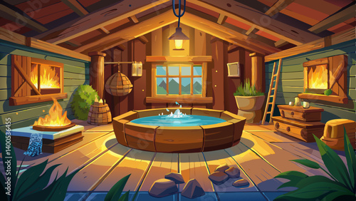 Cozy indoor rustic hot tub with warm lighting and steam in log cabin setting