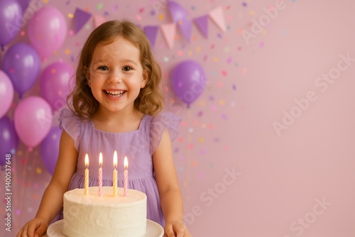Young Girl Celebrates Birthday With Cake and Colorful Decorations in Cheerful...