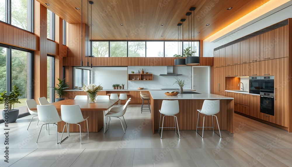 Modern open concept kitchen, wooden interior, floor-to-ceiling windows, natural light, minimalist design, warm tones, pendant lighting, kitchen island, dining table, contemporary furniture Modern open concept kitchen, wooden interior, floor-to-ceiling windows, natural light, minimalist design, warm tones, pendant lighting, kitchen island, dining table, contemporary furniture