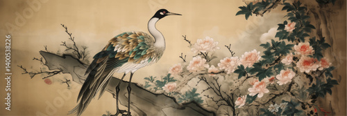 vector illustration of chinese heron bird painting on old vintage silk paper	