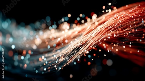 Geometric digital data flows in a vibrant red and blue gradient background, symbolizing global connectivity and technological progress