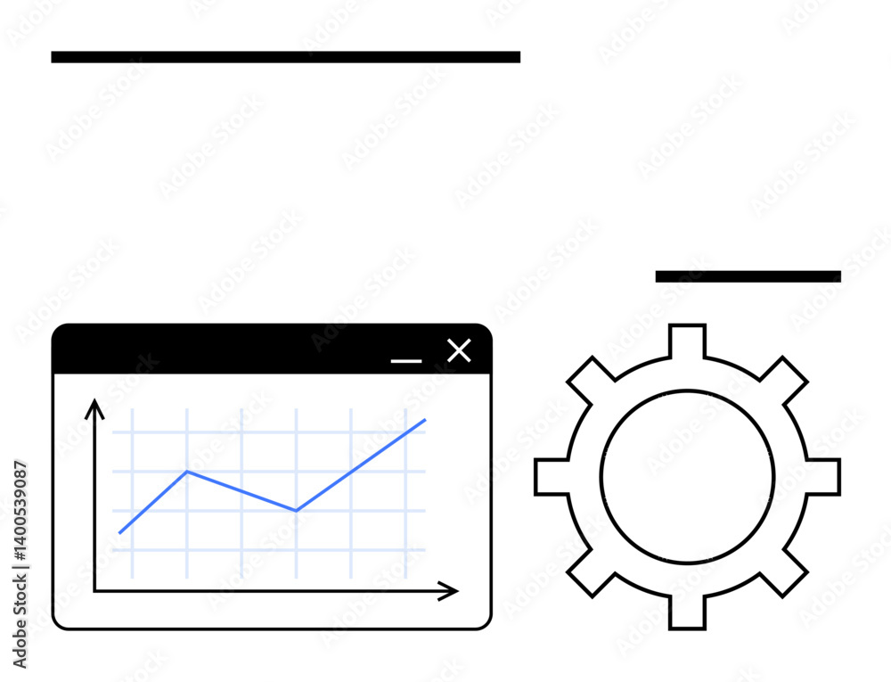 Graph with upward trend line displayed in a browser-style window next to a gear. Ideal for analytics, growth, automation, optimization, productivity, strategy, business progress. Flat simple metaphor Graph with upward trend line displayed in a browser-style window next to a gear. Ideal for analytics, growth, automation, optimization, productivity, strategy, business progress. Flat simple metaphor