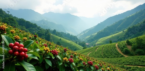 Coffee farm, misty mountain vista, colorful coffee bushes, bushes, colombia