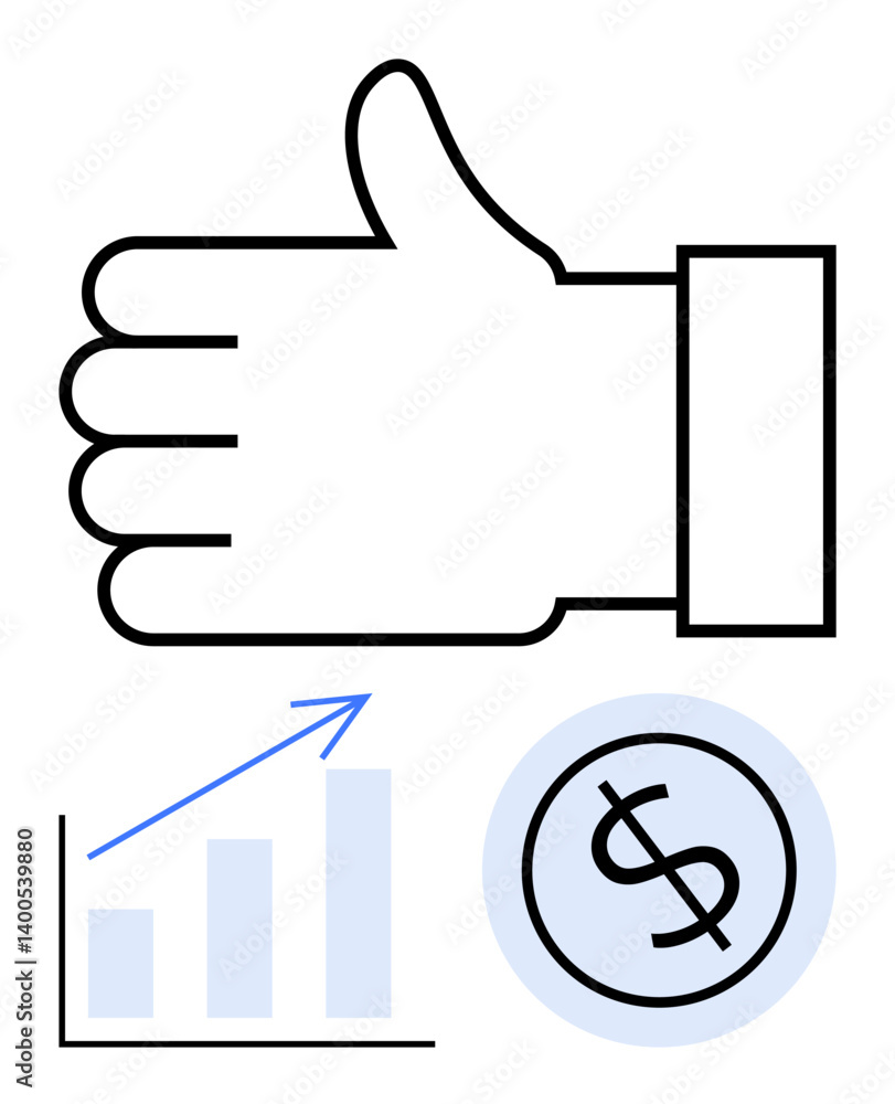 Thumbs up hand gesture with bar chart rising upwards and dollar coin. Ideal for success, finance, growth, investment, rewards, achievement, motivation. Clean flat simple metaphor Thumbs up hand gesture with bar chart rising upwards and dollar coin. Ideal for success, finance, growth, investment, rewards, achievement, motivation. Clean flat simple metaphor