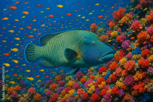 Colorful Coral Reef Teems With Marine Life Featuring a Large Fish Swimming Am...