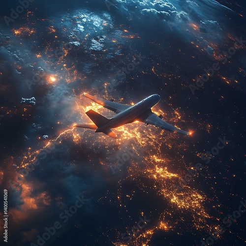 Airplane flying above illuminated city lights at night