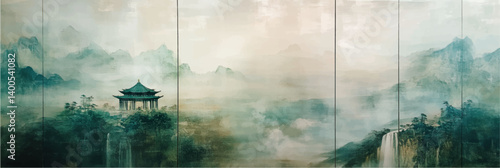 vector illustration of green color chinese pavilion painting on old vintage silk paper	