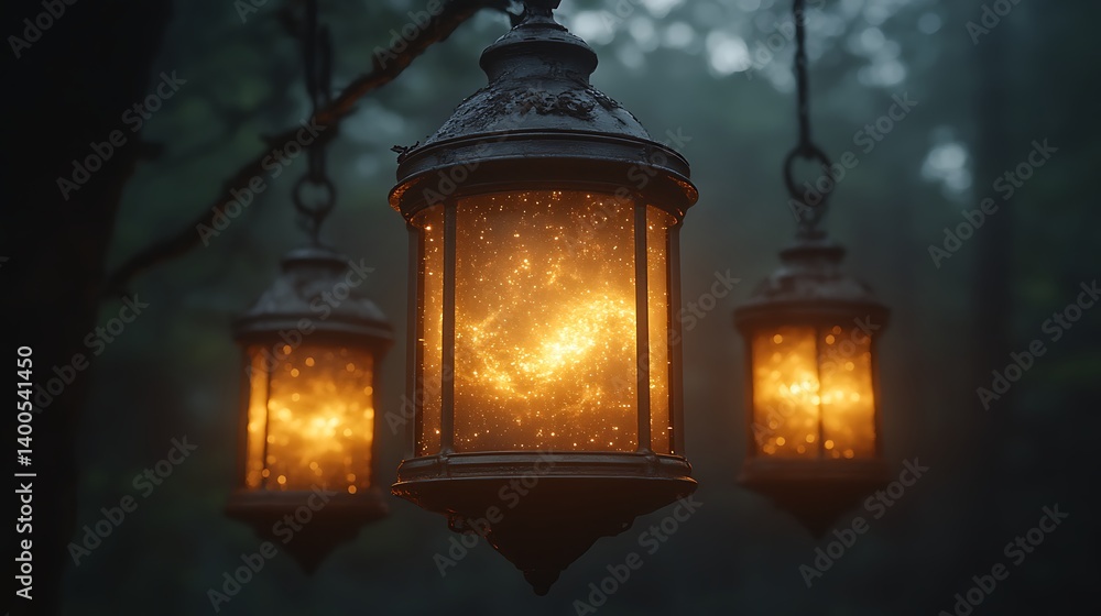 Enchanting Glowing Lanterns Hanging in Misty Forest at Night Enchanting Glowing Lanterns Hanging in Misty Forest at Night